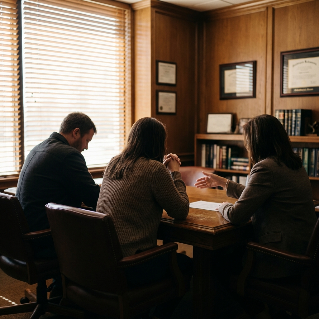 Kansas district courtroom during a child custody hearing with parents and attorneys