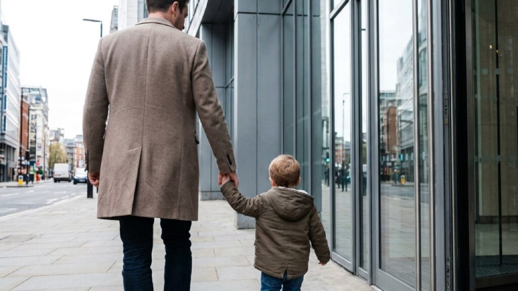 Parent holding child's hand walking towards a law office building for a child support consultation