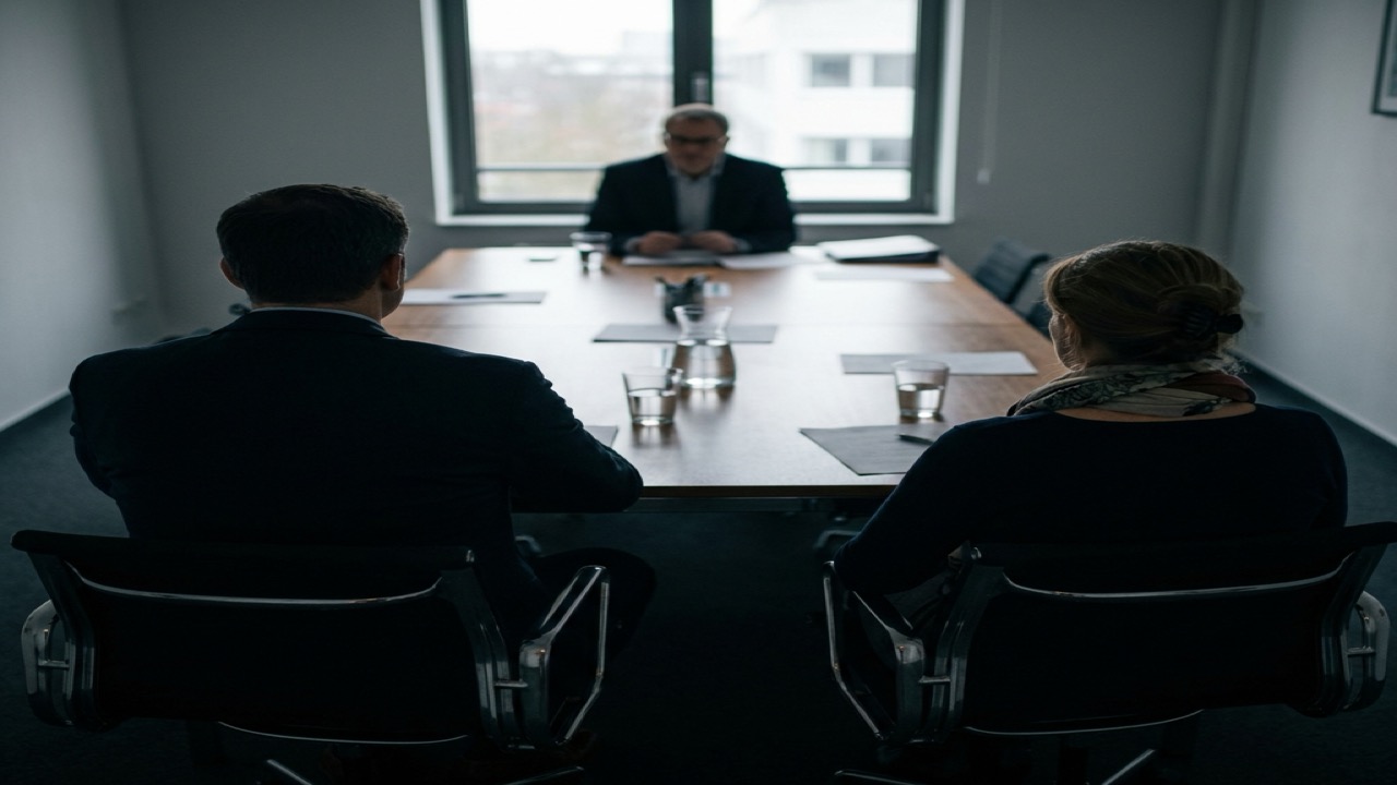 Former couple in spousal support mediation sitting at a conference table with a mediator