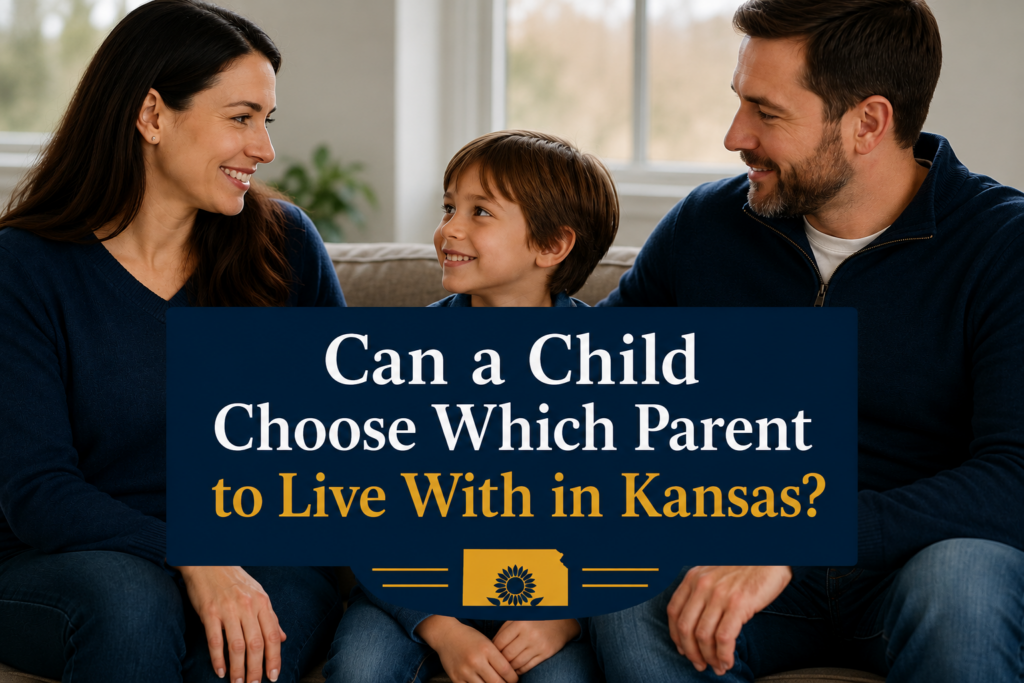 a photo with a child between two parents and the text Can a Child Choose Which Parent to Live With in Kansas?