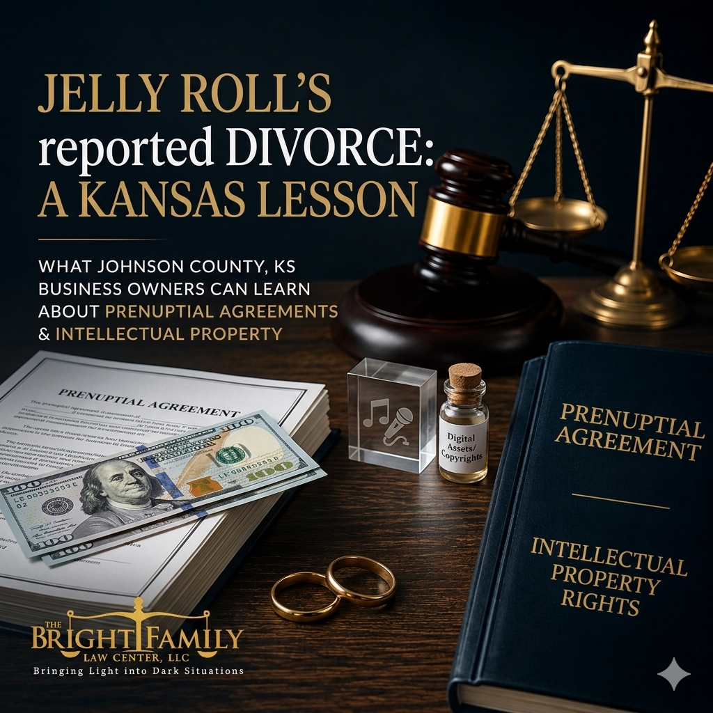 Image with scale, wedding rings, cash, and the words "What Jelly Roll's Reported Divorce Can Teach Johnson County, Kansas Business Owners About Prenuptial Agreements and Intellectual Property"