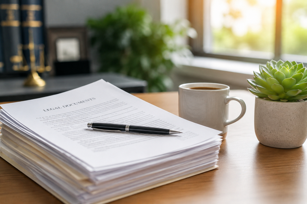 desk with divorce paperwork and pen 