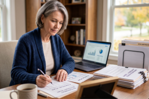 woman reviewing account paperwork