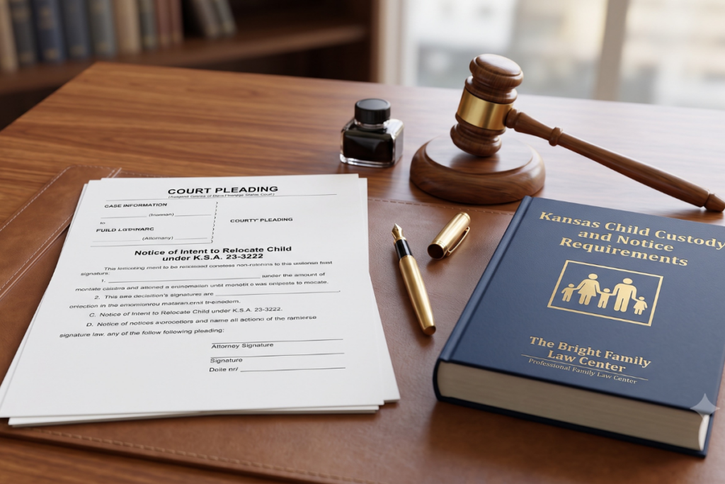 A legal desktop view displaying a formal court pleading titled 'Notice of Intent to Relocate Child under K.S.A. 23-3222'. A wooden judge's gavel rests next to a gold fountain pen, alongside a dark blue law book titled 'Kansas Child Custody and Notice Requirements' with a modern family silhouette emblem, featuring the professional branding of The Bright Family Law Center. 